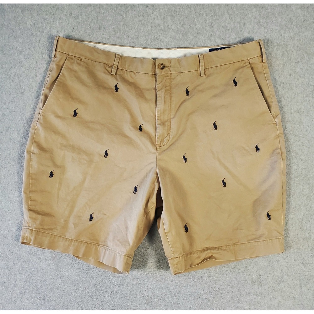 Polo Ralph Lauren Mens 42 Tan Khaki All Over Navy Pony Embroidered Chino Shorts